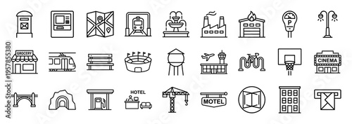 Urban Infrastructure and City Elements Monoline Line Art Featuring Minimalist Architecture Transportation and Public Services Symbols