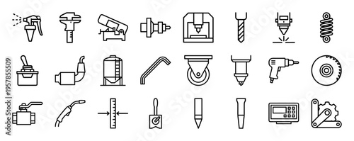 Minimalist Monoline Industrial Engineering Icons featuring Geometric Manufacturing Tools and Machining Equipment Line Art for Technical Design