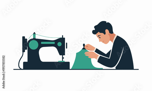 Male Tailor Working on Sewing Machine Flat Vector Illustration