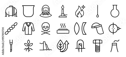 Biotechnology and Chemical Engineering Laboratory Research Line Art Icon Set featuring Minimalist Geometric Scientific Symbols.