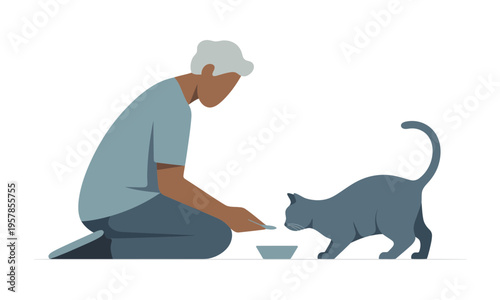 Man Feeding His Cat Flat Illustration