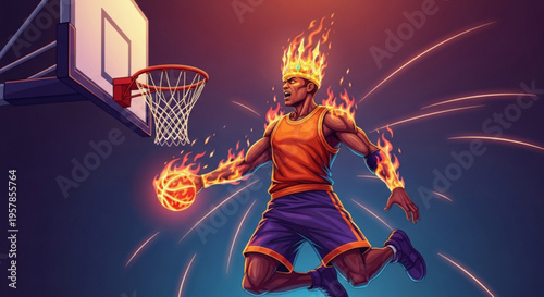 Flaming basketball player dunking ball through hoop with fire effects and dynamic motion lines