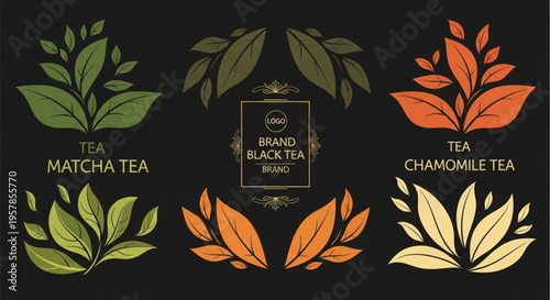 Tea varieties illustration with matcha black and chamomile tea leaves on black background