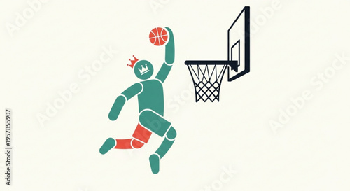 Teal athlete jumping to dunk basketball through hoop with orange ball and red shorts on cream background