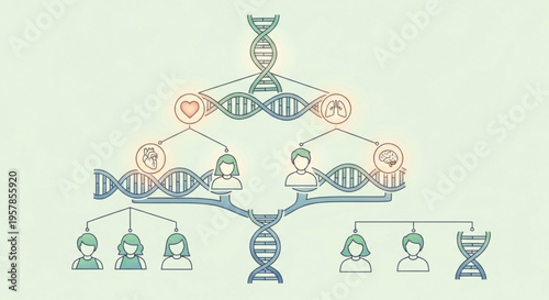 Genetic family tree with dna helix and people icons connected by lines on light green background