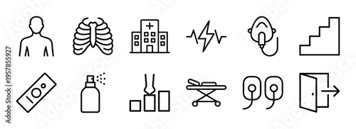 Emergency Cardiac Care and Automated External Defibrillator Medical Signs. Minimalist Monoline Geometric Line Art for Healthcare Safety.