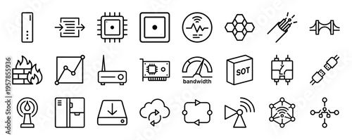 Edge Computing and Distributed Network Infrastructure Minimalist Monoline Iconography for Cloud Technology and Decentralized Architecture.