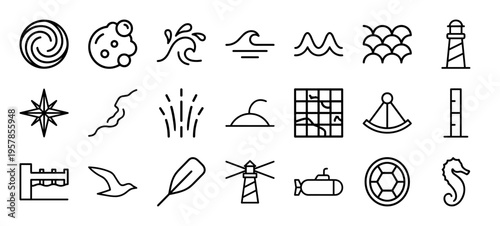 Marine Wave Dynamics and Ocean Navigation Line Art Graphics for Clean Commercial Interface Design and Sustainable Maritime Branding Concepts