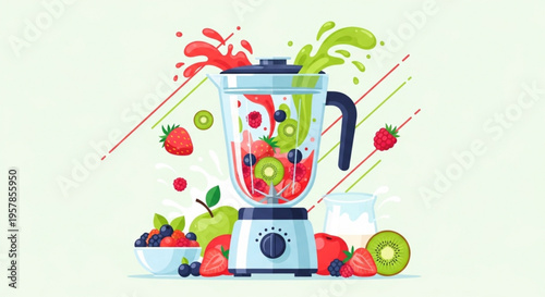 Blender with colorful fruits and juice splash healthy smoothie ingredients