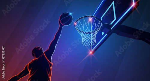 Man dunking basketball in hoop with glowing neon lights at night in silhouette