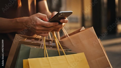 Close up of woman holding shopping bags and using smartphone outdoors shopping concept