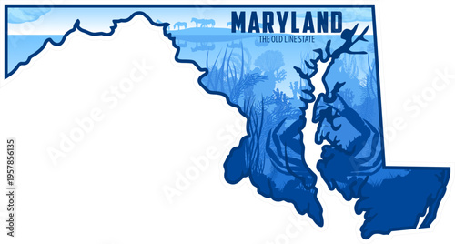 vector Maryland  sticker design with blue crab and Assateague island horses