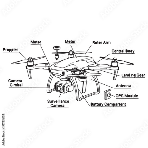 Detailed technical diagram of a modern surveillance drone illustrating its internal and external components with text labels on a clean white background for educational or instructional use.