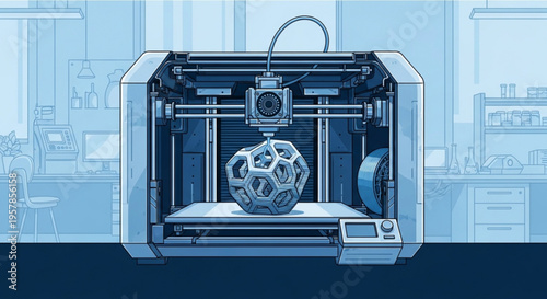3d printer creating a complex object in a modern workshop or laboratory setting with blue tones