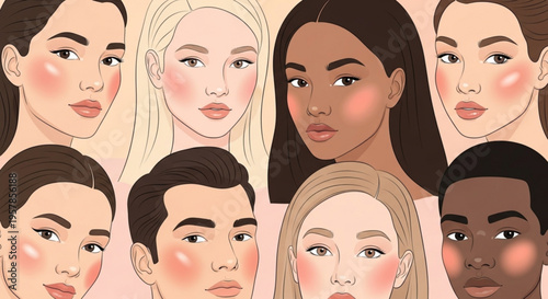 Diverse group of people with different skin tones and hairstyles looking forward with neutral expressions on a peach background