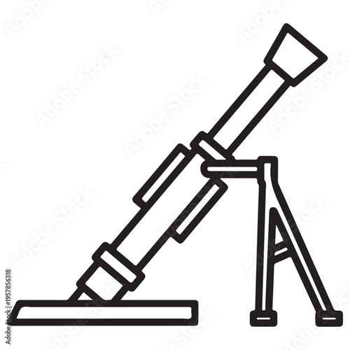 Minimalist military mortar weapon icon featuring a heavy artillery tube deployed on a baseplate with a bipod support, clean black line art illustration for defense and warfare concepts.