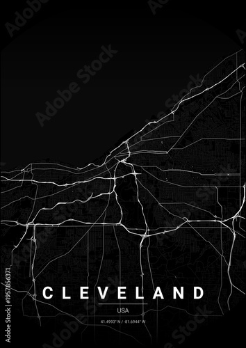 Modern Cleveland City Map Poster Design, Noir Style Urban Street Grid Cartography