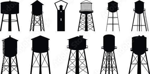 Foto Black Silhouette Water Towers Vector Graphics Collection white background