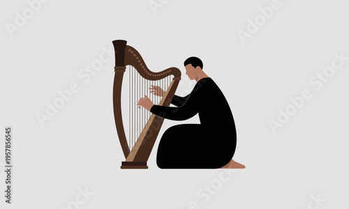 Minimalist Flat Vector Illustration of a Harpist Kneeling
