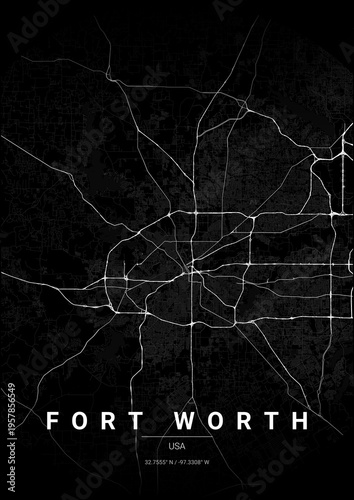 Modern Fort Worth City Map Poster Design, Noir Style Urban Street Grid Cartography