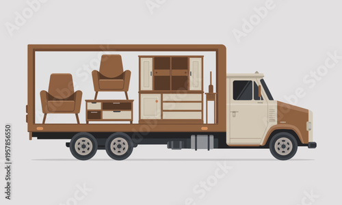 Vintage Delivery Truck Transporting Mid-Century Modern Furniture