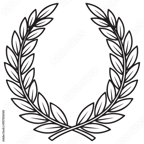 Classic Laurel Wreath Illustration Representing Victory and Achievement for Award Design and Heraldic Logos, Minimalist Black Line Art on White Background with Symmetrical Leaves and Bold Outlines.