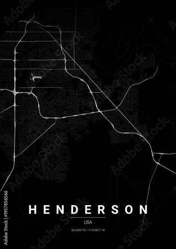 Modern Henderson City Map Poster Design, Noir Style Urban Street Grid Cartography