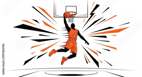 Basketball player in orange uniform jumping to dunk ball into hoop with motion lines