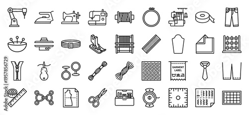 Tailoring and Textile Production Linear Symbols featuring Sewing Machines, Thread Spools, and Garment Construction Tools in Geometric Monoline Style.