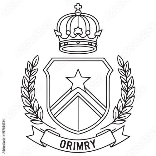 Minimalist heraldic crest emblem featuring a royal crown, shield with star, and laurel wreath, designed in a clean black and white line art style for prestigious branding and logo design.