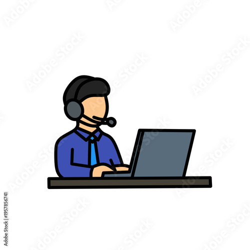 Customer Support Agent with Headset Using Laptop Call Center Service Flat Illustration