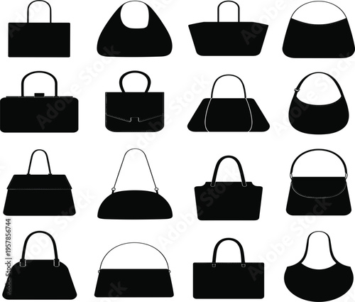 Collection of Black Silhouette Handbag and Purse Styles on White Background handbags purses