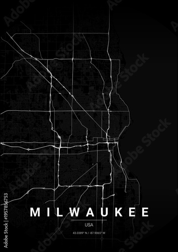 Modern Milwaukee City Map Poster Design, Noir Style Urban Street Grid Cartography