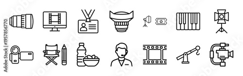 Professional Video Production and Cinematography Interface Elements, Minimalist Monoline Geometric Line Art for Digital Media Creation