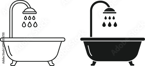 Bathtub shower icon silhouettes, bathroom vector design, water droplet illustration, hygiene symbol graphic, interior decor outline, plumbing art element, black fill style
