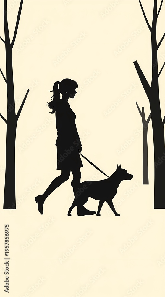 Fototapeta premium silhouette woman walking dog vector dog walker female pet outdoor casual lady person black urban clipart icon