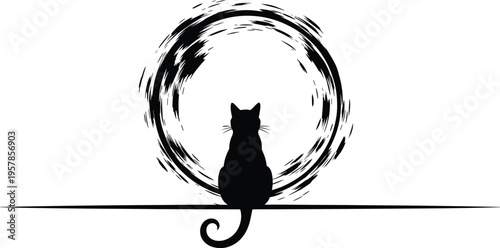 Black cat silhouette with Zen circle, minimalist design, contemplative art vector, decorative nature graphic, spiritual illustration, elegant brushstroke outline