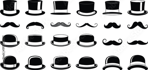 Collection of Black Silhouette Top Hats and Mustaches on White Background bowler hat moustache