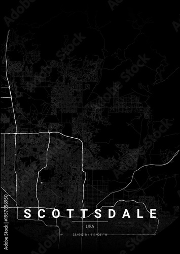 Modern Scottsdale City Map Poster Design, Noir Style Urban Street Grid Cartography