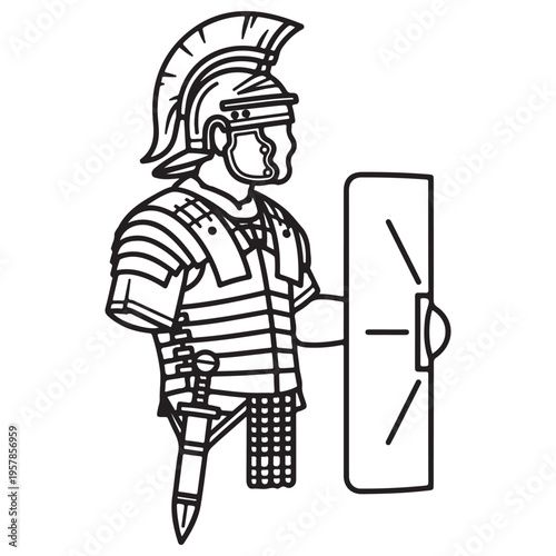 Ancient Roman Legionary Soldier Standing in Profile Holding a Scutum Shield and Wearing Traditional Lorica Segmentata Armor, Minimalist Black and White Line Art Illustration for Coloring.