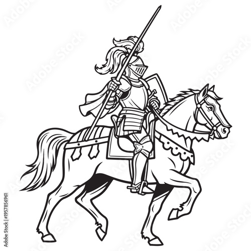 Medieval Knight in Full Plate Armor Riding a Warhorse Holding a Lance and Shield, Heroic Black and White Line Art Illustration Isolated on White Background for Heraldic Design.