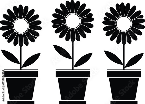 Black potted flower silhouettes, decorative floral icons, stylized plant design, garden art outline set, botanical vector illustration, blooming petals, ornamental nature graphics