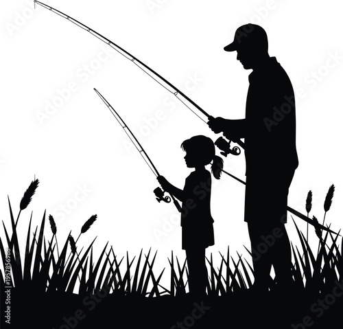 PrintAdult and child fishing silhouette, outdoor recreation, family bonding, lakeside nature, teaching moment, grass scene, vector artwork, peaceful design, generational connection, leisure