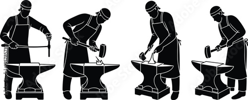 PrintBlacksmith silhouettes illustration, metalworking craft, hammering anvil, traditional forge, protective gear, hot flames, artisan work, vector design, industrial art, heritage skill