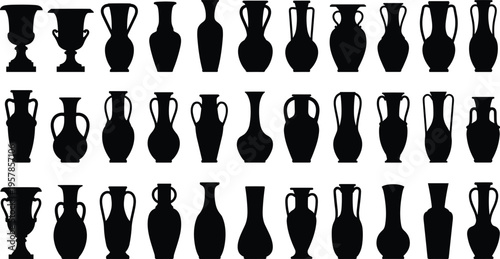 Black vase silhouettes collection, classical urn shapes, amphora designs, pottery outline set, decorative ceramic icons, ancient vessel forms, archaeology art inspiration