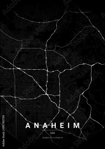 Modern Anaheim City Map Poster Design, Noir Style Urban Street Grid Cartography