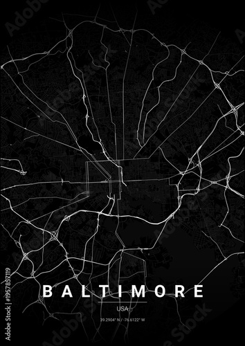 Modern Baltimore City Map Poster Design, Noir Style Urban Street Grid Cartography