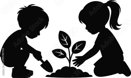 PrintChildren planting silhouette, gardening teamwork, environmental care, nature illustration, sustainability concept, eco education, teamwork vector, soil digging, plant growth, green artwork