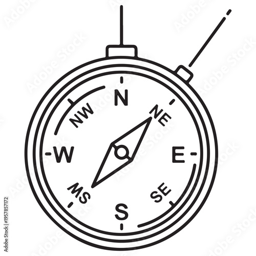 Minimalist black and white line art illustration of a classic navigation compass with cardinal directions, symbolizing travel, exploration, and finding the right path on a white background.