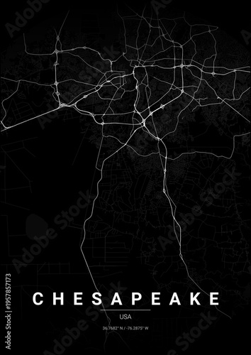 Modern Chesapeake City Map Poster Design, Noir Style Urban Street Grid Cartography
